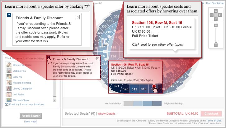 Learn more about a specific offer by clicking ? buttons. Learn more about specific seats and associated offers by hovering over them.