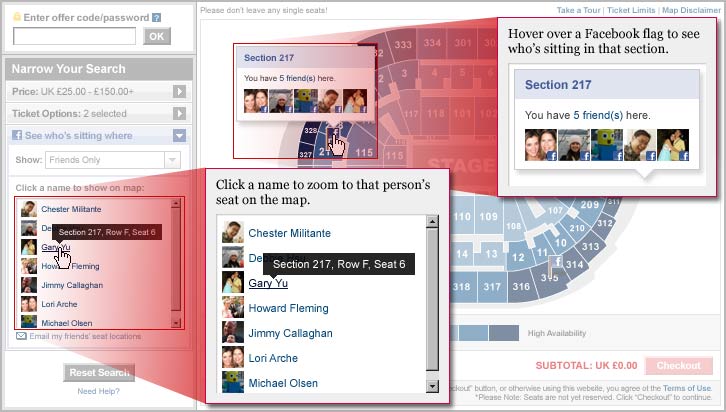 Click a name to zoom to that person's seat on the map. Hover over a Facebook flag to see who's sitting in that section.