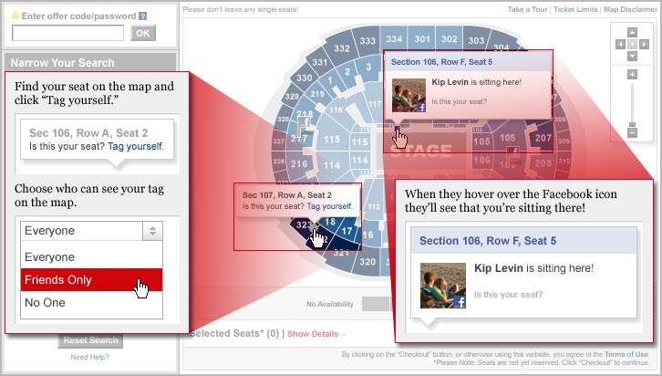 Find your seat on the map and click 'Tag yourself.' Choose who can see your tag on the map. When theyh hover over the Facebook icon they'll see that you're sitting there!