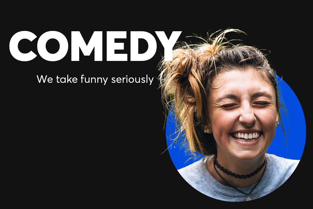 Thumbnail image of Comedy Person laughing with the words Comedy and  We take comedy seriously