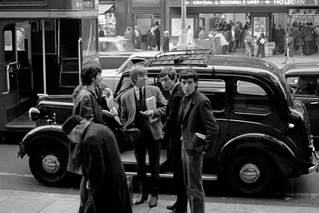 Rolling Stone Artwork - 1960's scene - band in front of vintage vehicle